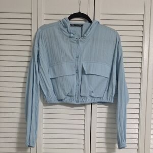 Zara Pale Blue Hooded Button Shirt